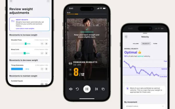 Three screens of the Gorilla Fitness app — weight adjustments, a coached workout with form correction, and velocity analytics