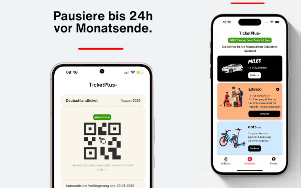 Two screens of the Ticket+ app — the Deutschlandticket QR pass and the rewards marketplace