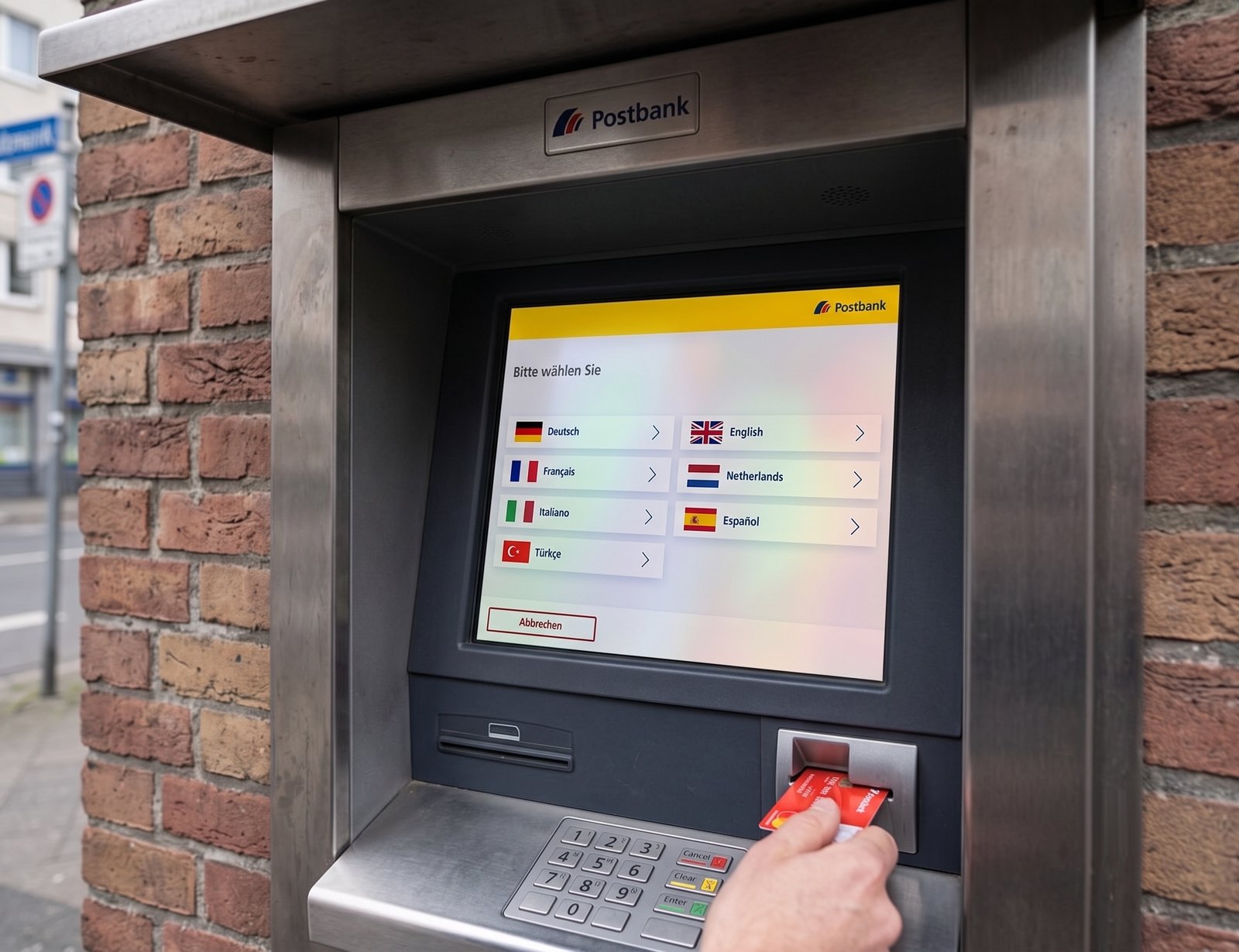 An ATM language-selection screen shown in situ on the street