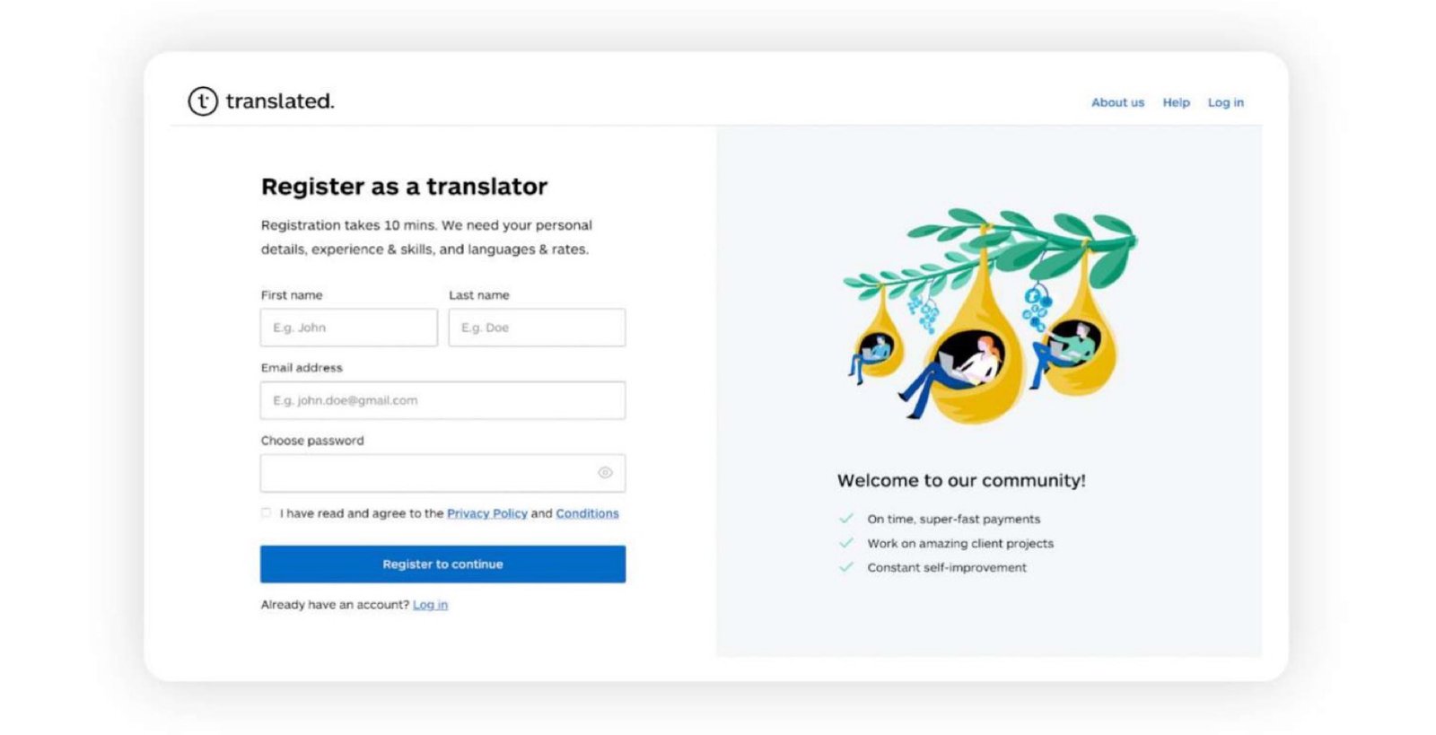The redesigned registration flow for a translation marketplace