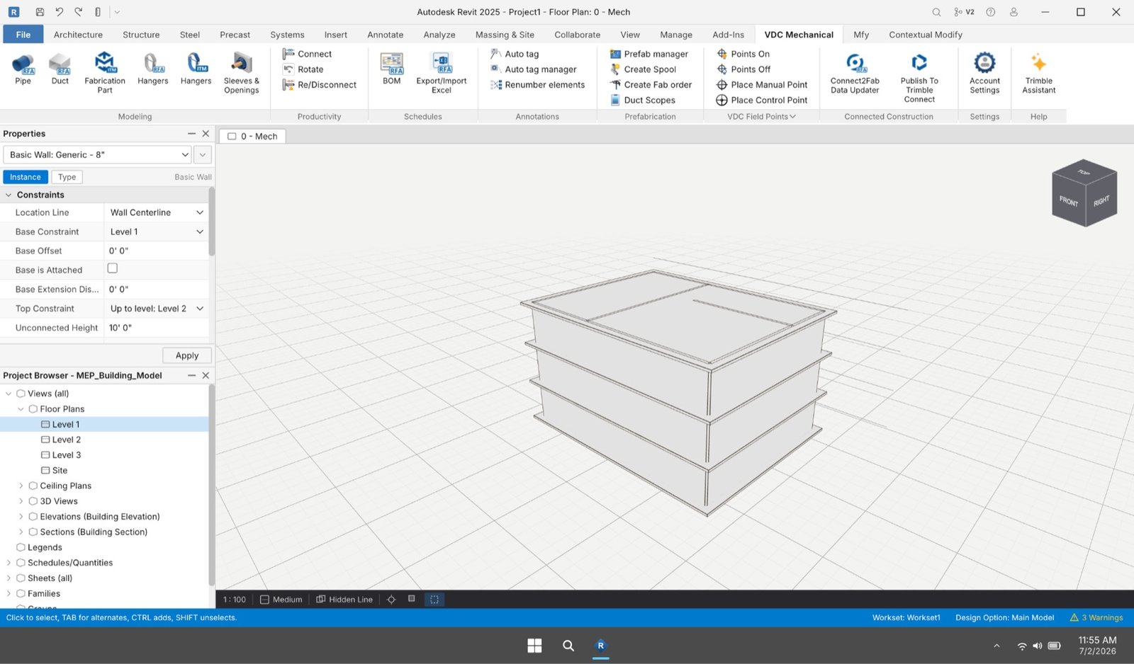 A browser-based Revit environment showing the full product chrome, ribbon and panels